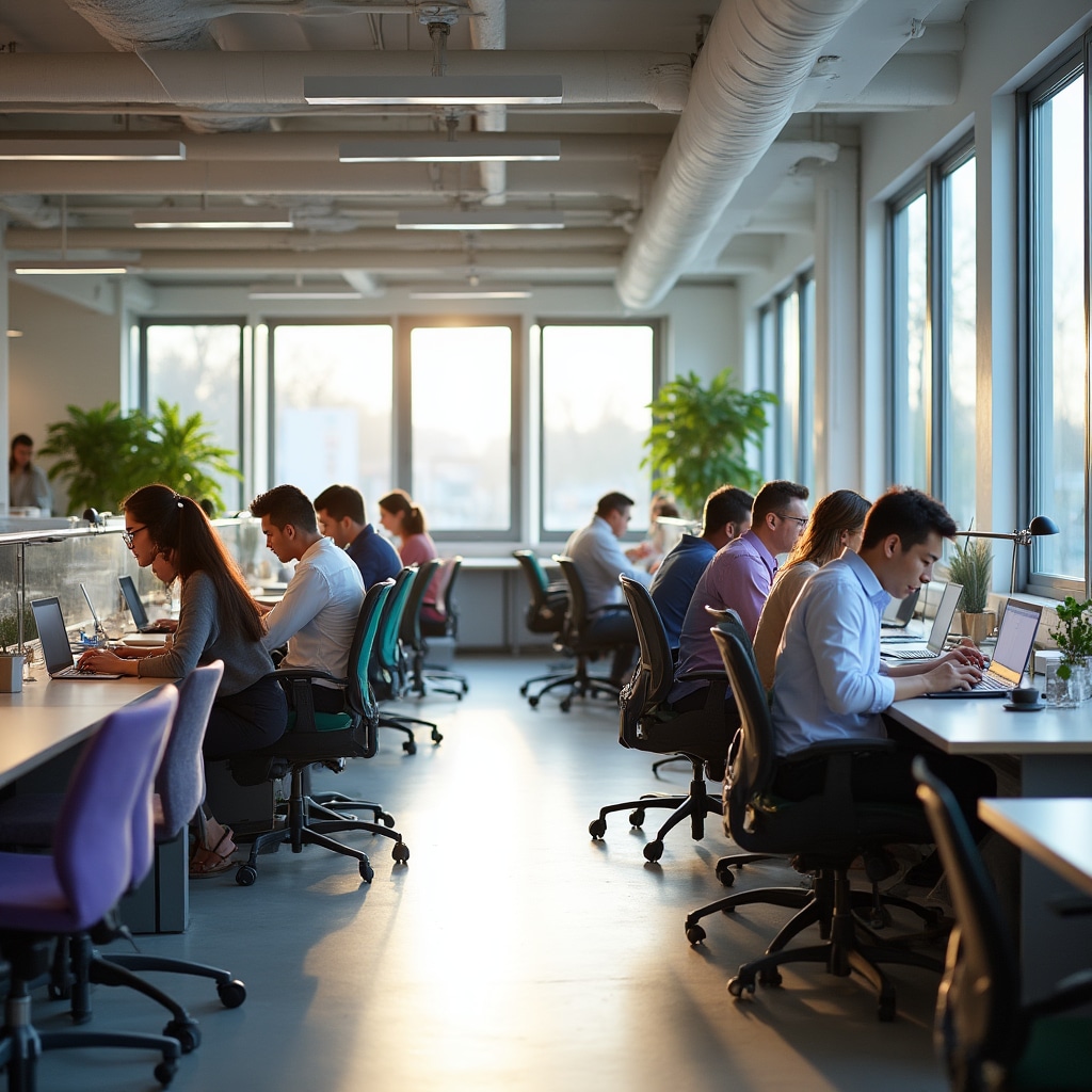 Modern coworking space with natural light and collaborative areas
